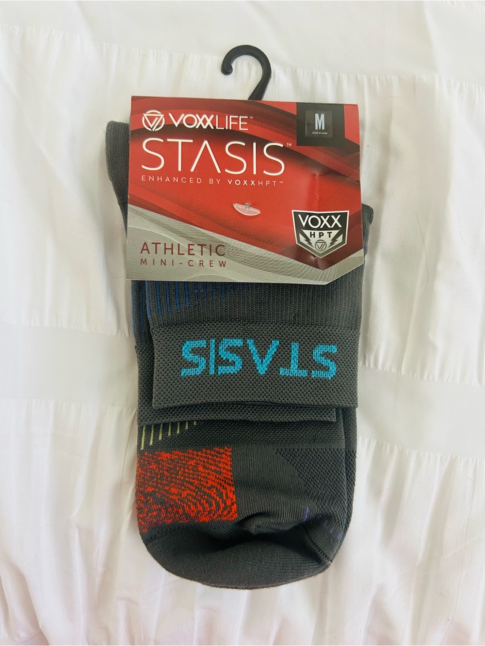 VOXX STASIS Athletic Mini-Crew Socks - Gray with Blue & Red Accents